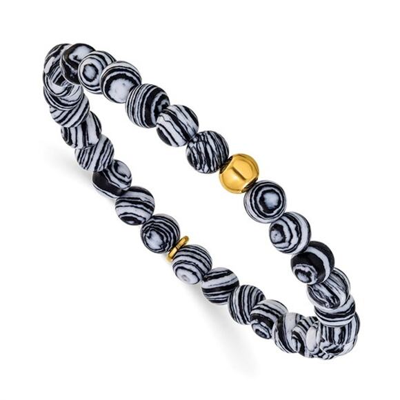 Chisel Stainless Steel Yellow IP-Plated Black Line Agate Beaded Stretch Bracelet - Picture 2 of 5